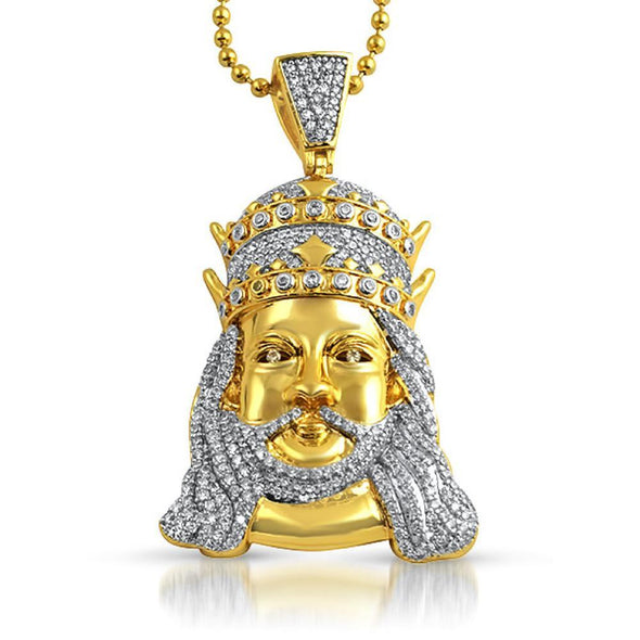 Double Crown Gold Jesus Piece CZ Pendant