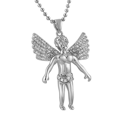 Cherub Angel Wings Spread CZ Rhodium Mini Pendant