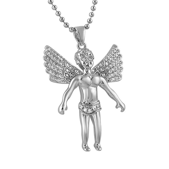 Cherub Angel Wings Spread CZ Rhodium Mini Pendant