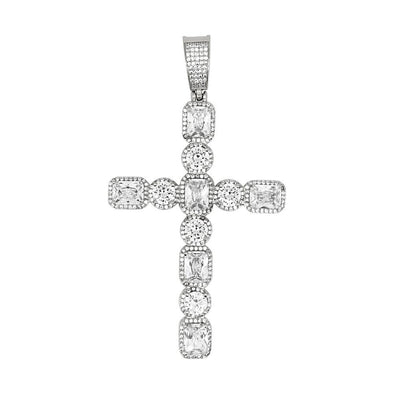 .925 Silver Emerald and Round Cut CZ Rhodium Cross