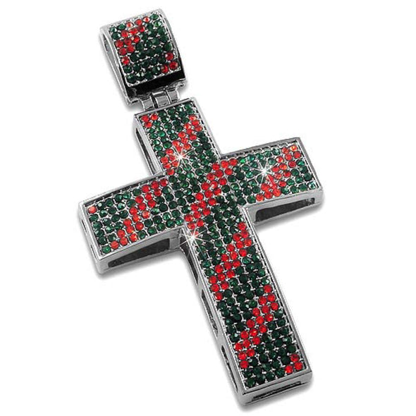 Red Green Diagonal Rhodium Cross