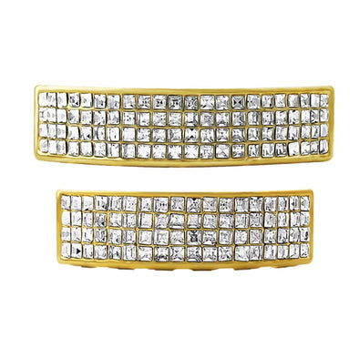 Gold 4 Row Princess Cut Grillz Top  Bottom Set