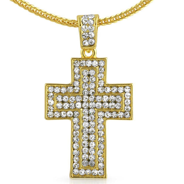Quad Iced Out Gold Cross Pendant  Chain Small