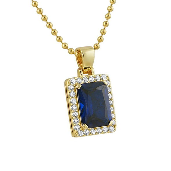 Lab Sapphire Block Gold CZ Pendant