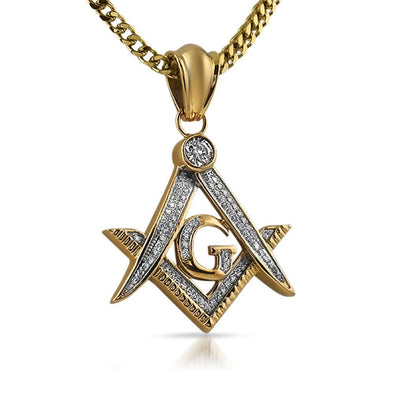 Gold Masonic Free Mason CZ Pendant Steel