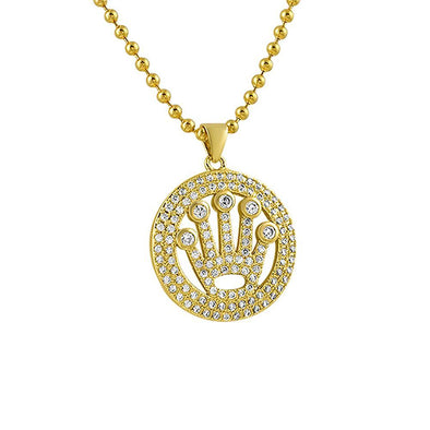 King Crown Circle Micropave Gold CZ Pendant