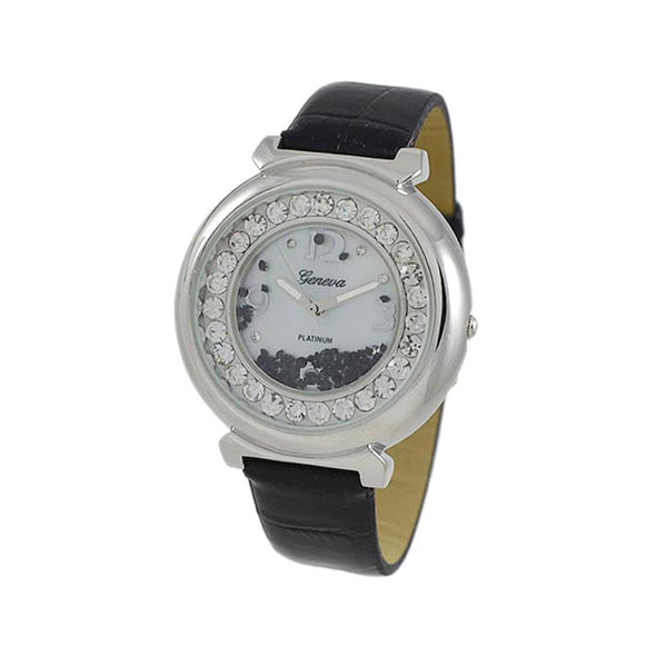 Floating Ice Round Watch Black Leather Band