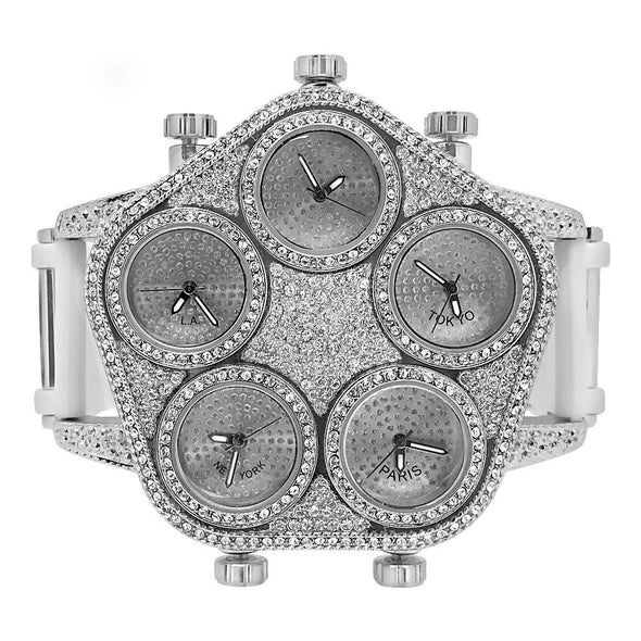 5 Time Zone White Silver Watch