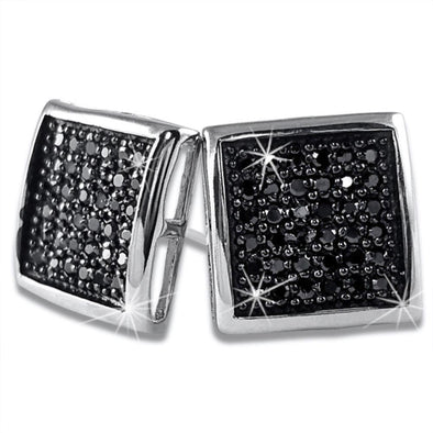 Large Deep Box Black CZ Micropave Earrings .925 Silver